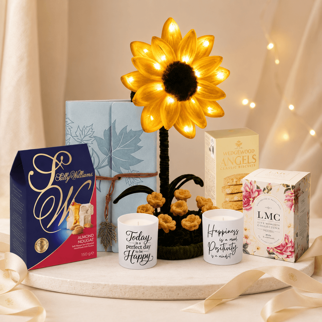 Display with Self-care gift box for her with journal, sunflower lamp, tea, nougat and candles — Purely Euphoria South Africa