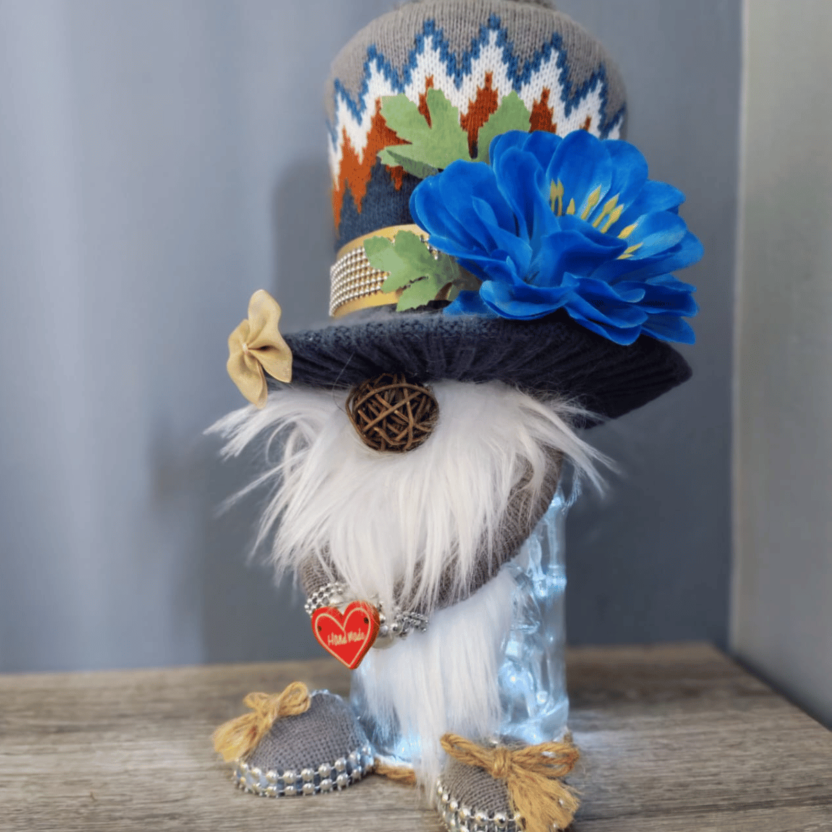 Handmade gnome night light styled on table, bespoke made to order Cape Town