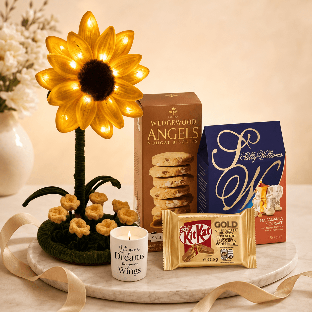 Styled golden hour gift set for women with sunflower night light, nougat and inspiration candle perfect gift for her