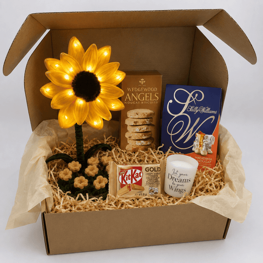 Nougat gift box for her with Wedgewood Angels biscuits, Sally Williams nougat and sunflower lamp — South Africa