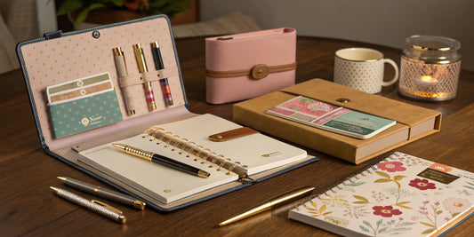 A collection of journaling supplies including notebooks, pens, washi tape, and stickers on a desk.