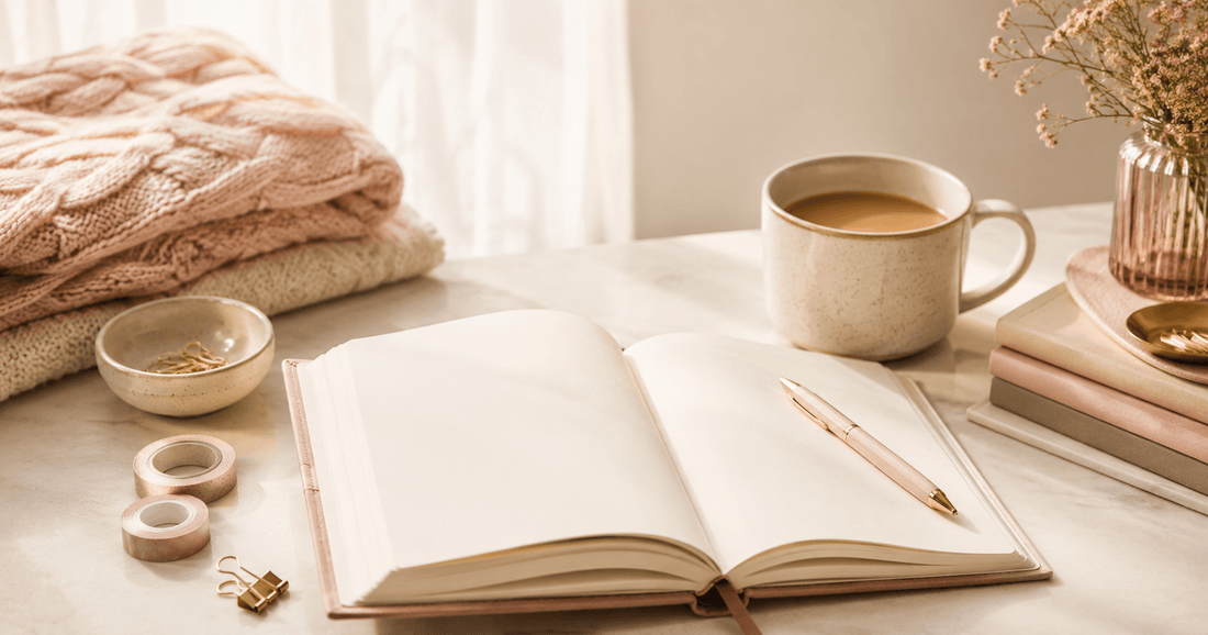 A collection of journaling supplies including notebooks, pens, washi tape, and stickers on a desk.