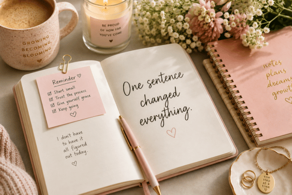 Open journal with soft stationery, coffee, candle, and one sentence changed everything message for The Power of Tiny Habits eBook.