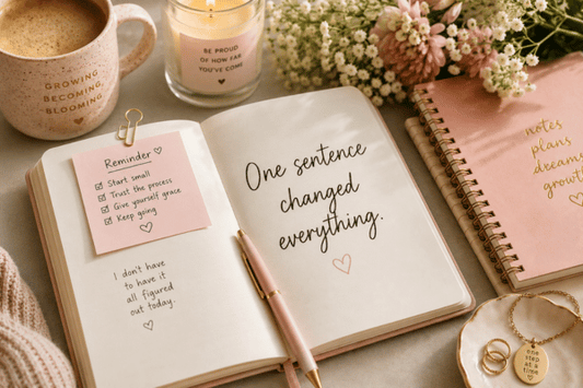 Open journal with soft stationery, coffee, candle, and one sentence changed everything message for The Power of Tiny Habits eBook.