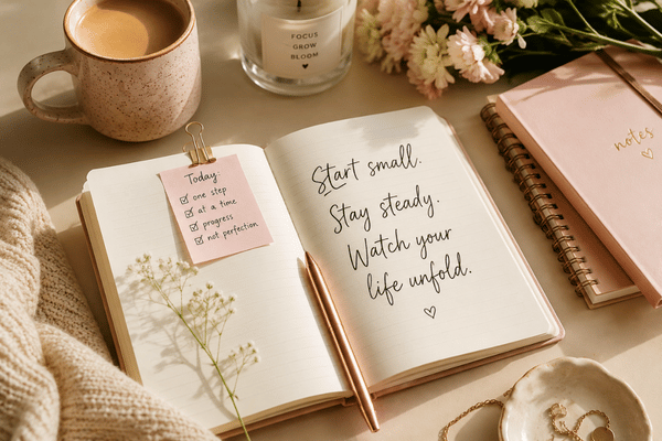 Open journal with soft stationery, coffee, flowers, and gentle motivational notes about starting small and staying steady.