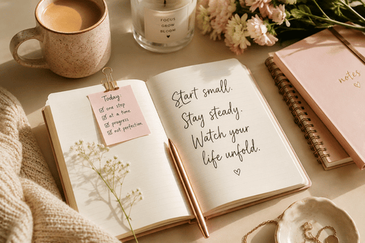 Open journal with soft stationery, coffee, flowers, and gentle motivational notes about starting small and staying steady.