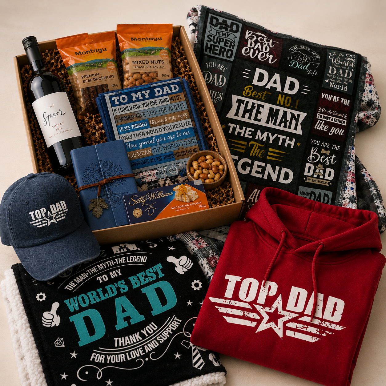 Gifts for Father's Day, Caps, Red Hoodie with "Top Dad" and Blankets with White and Blue writing on.