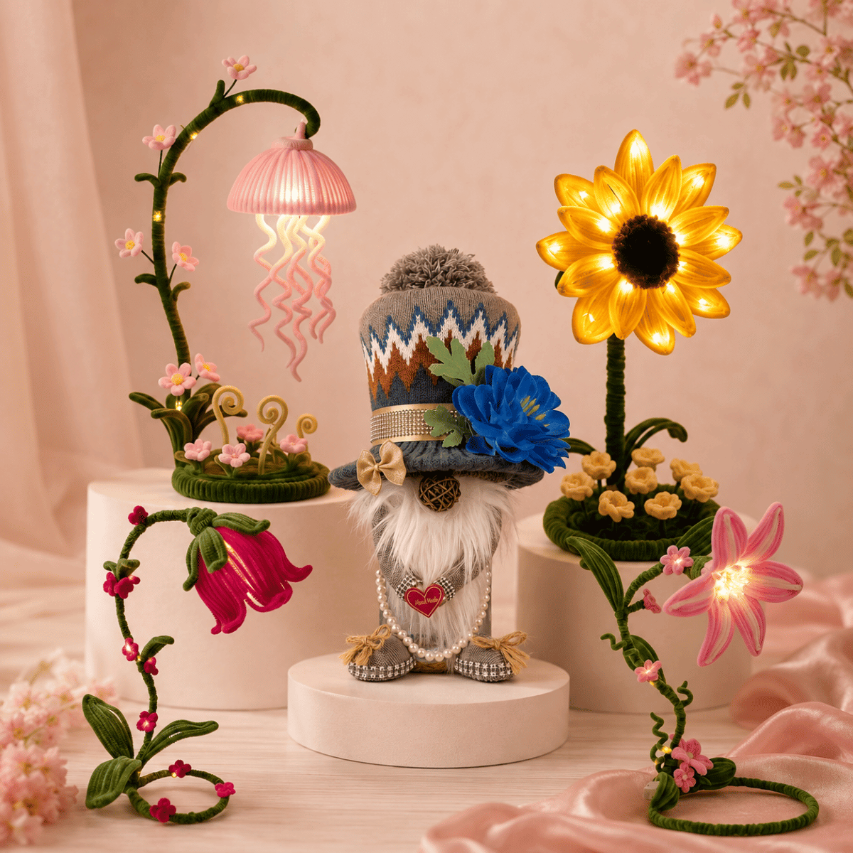 Handmade gnome decor and glowing floral pipe cleaner desk lamps displayed together in a soft pink studio setting.