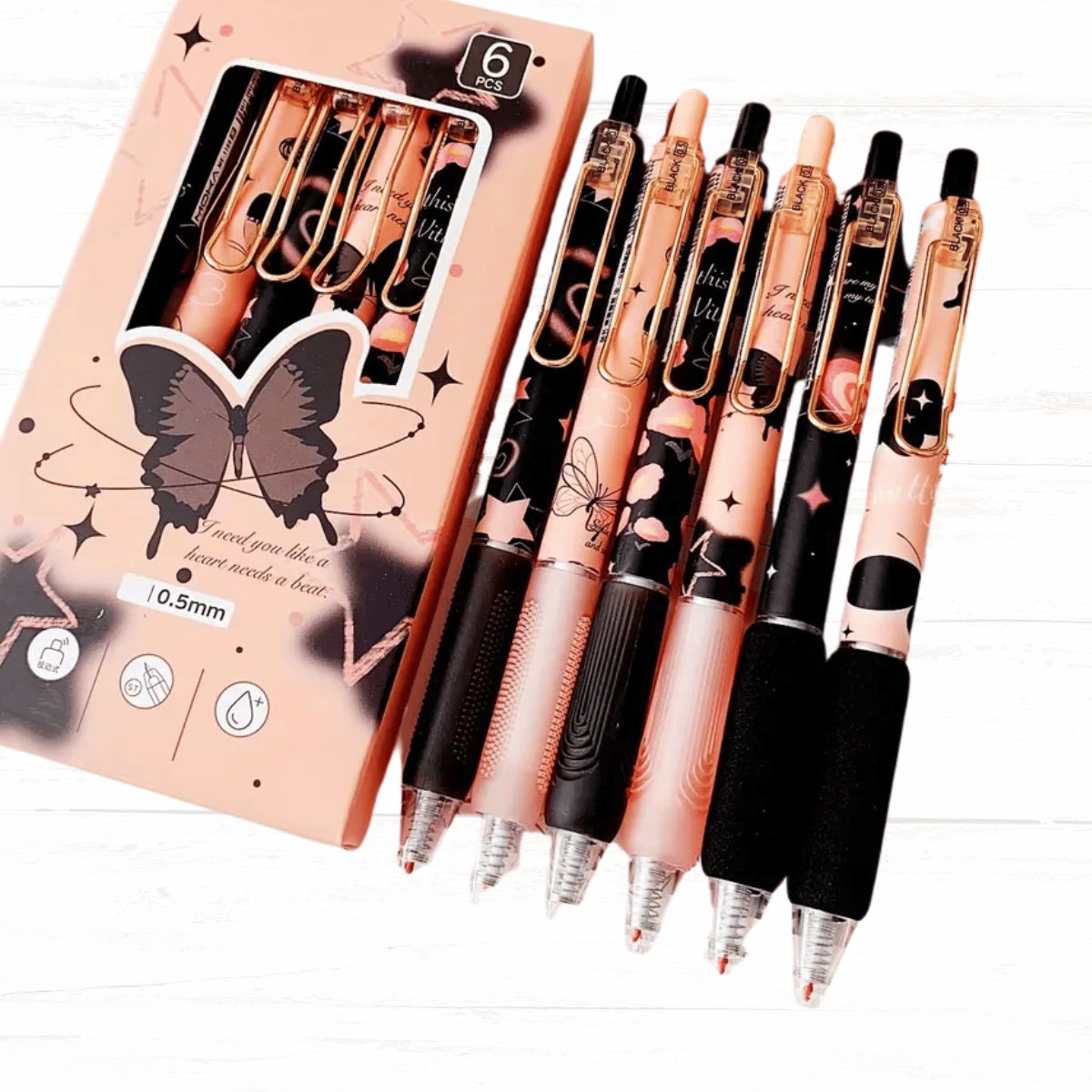 Floral & Butterfly Retractable Gel Pens – 0.5mm Medium Point Black Ink 6-Pack