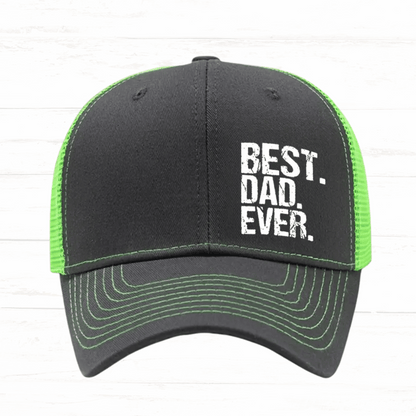 Black and green cap with 'BEST. DAD. EVER.' text on a white background