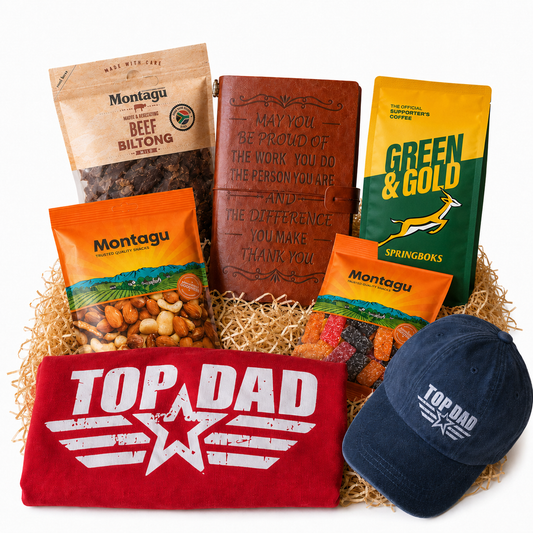 Top Dad Father’s Day Gift Set | With Top Dad Shirt, Cap, Coffee & Biltong
