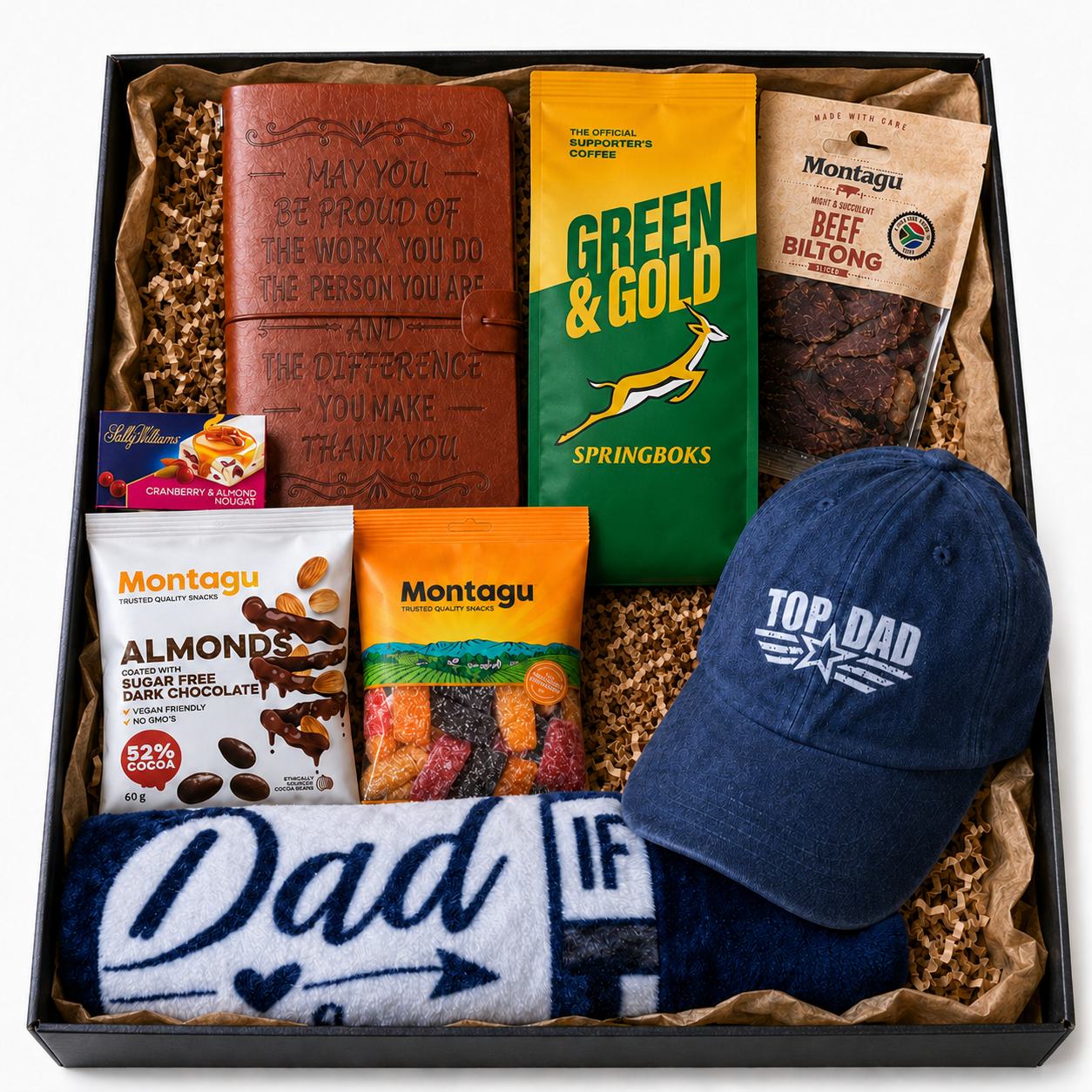 Dad Gift #021 | Premium Father’s Day Dad Gift Set with Blanket, Cap, Coffee & Journal