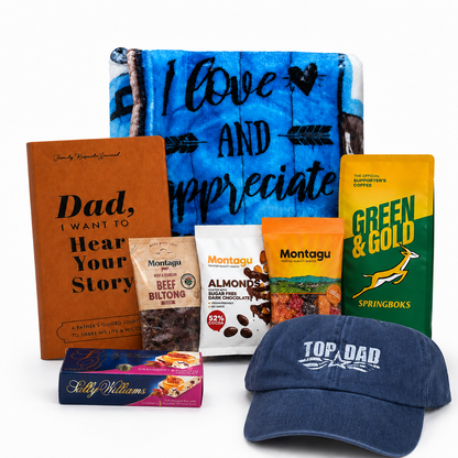 Premium Father’s Day Dad Gift Set with Story Journal, Blanket, Cap & Coffee