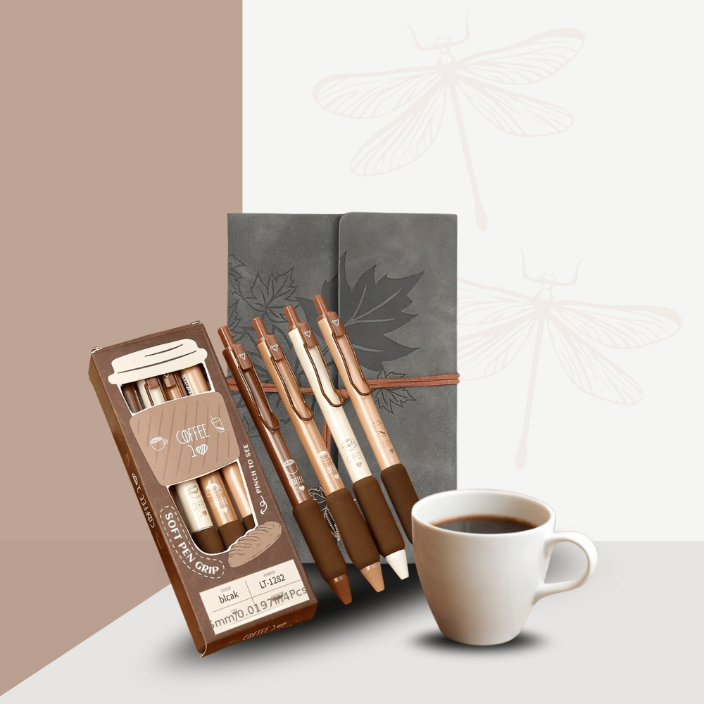 Set of brown pens with a coffee cup on a light surface