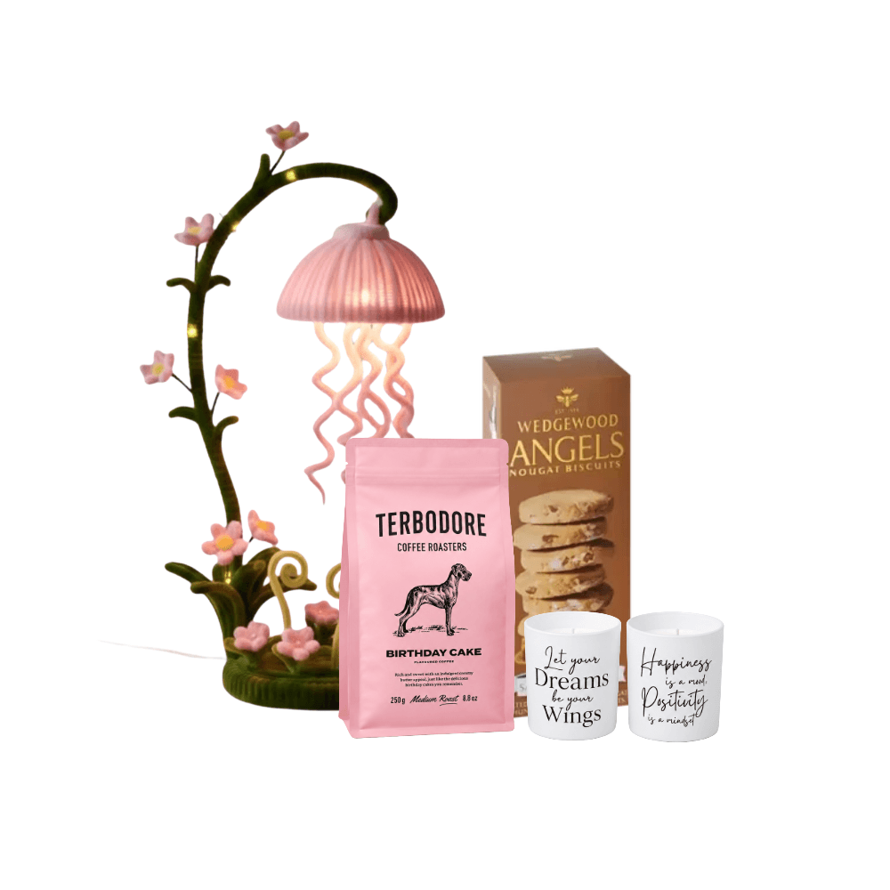 Coffee gift box for her with Terbodore Birthday Cake coffee, nougat biscuits and blossom night light — Cape Town
