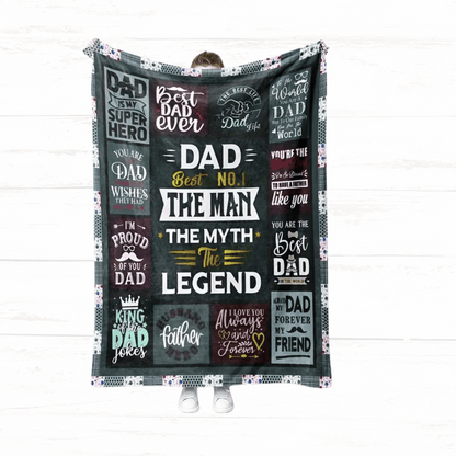 Blanket with various text designs on a white background, Dad, The Legend