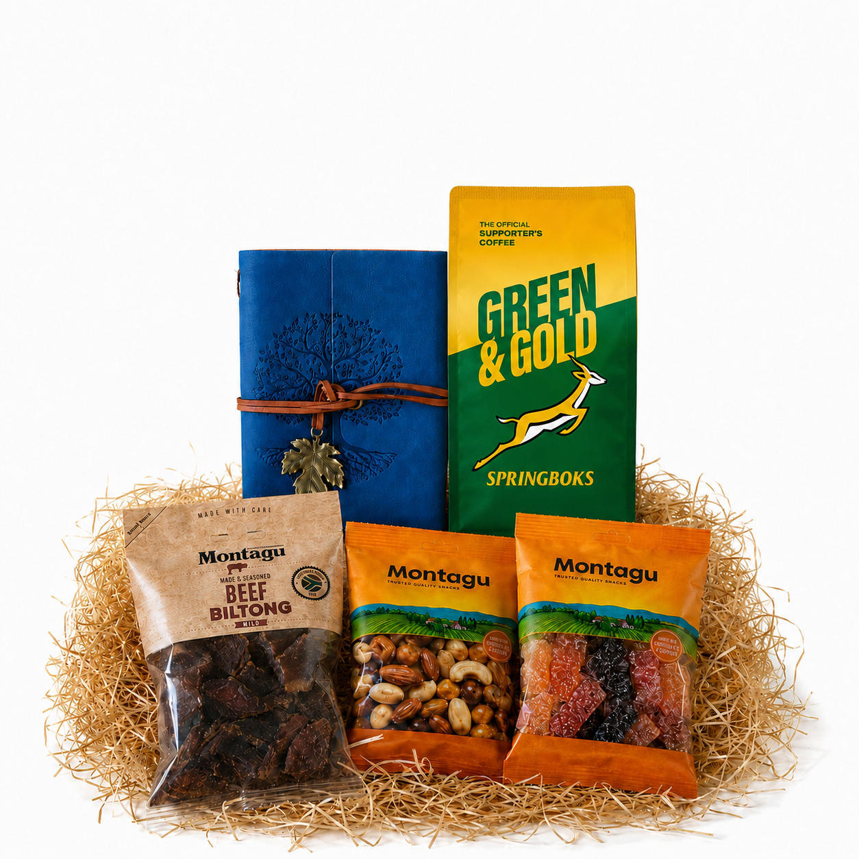 Gift basket with snacks and a coffee package on a white background