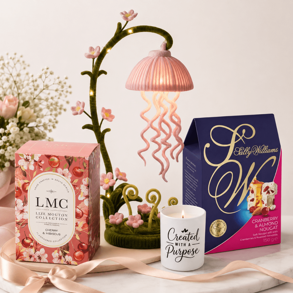 Display of Pink pamper gift set for her with blossom night light, LMC tea and cranberry nougat — South Africa