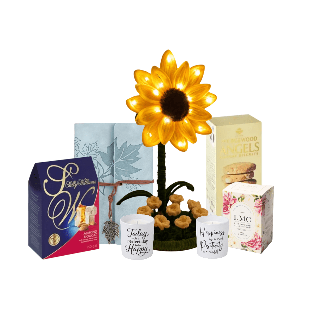 Self-care gift box for her with journal, sunflower lamp, tea, nougat and candles — Purely Euphoria South Africa