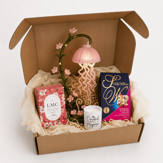 Packed and ready to ship Pink pamper gift box for her with blossom night light, LMC tea and cranberry nougat — South Africa