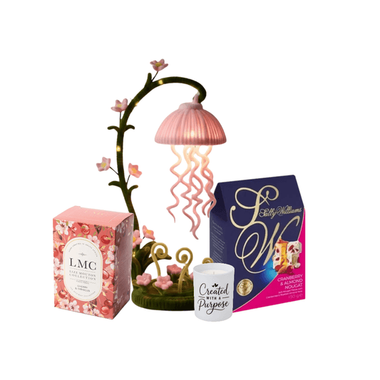 Pink pamper gift box for her with blossom night light, LMC tea and cranberry nougat — South Africa
