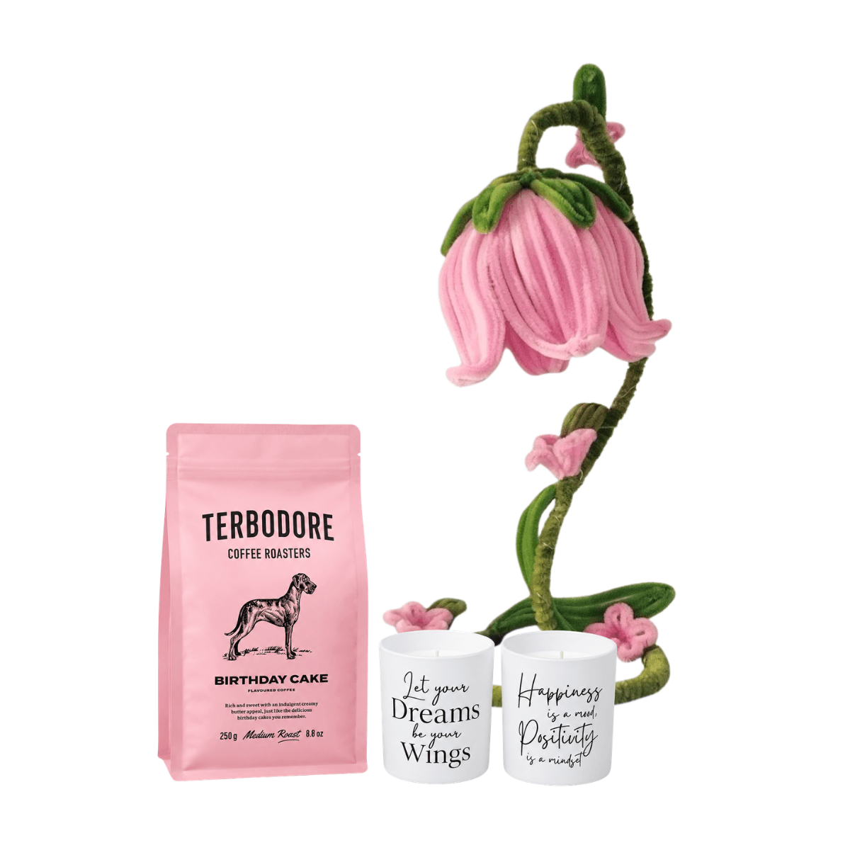 Terbodore Birthday Cake flavoured coffee 250g styled for a feminine birthday gift set. White quote candle with inspirational message for a thoughtful gift set for her.