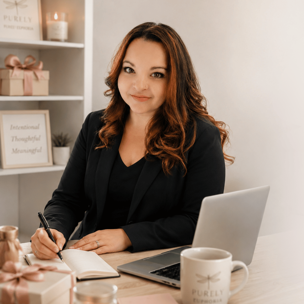 Founder of Purely Euphoria in her workspace surrounded by handmade journals and gift sets