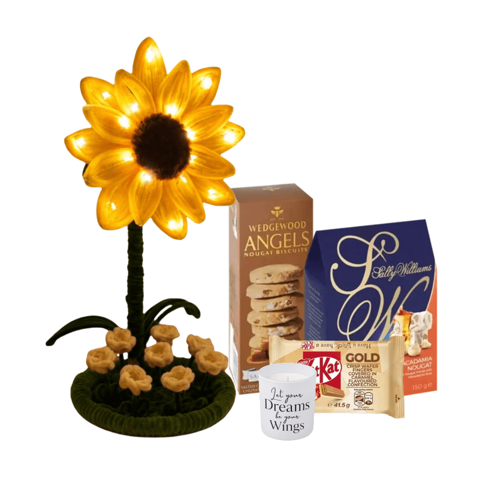 Styled golden hour gift set for women with sunflower night light, nougat and inspiration candle
