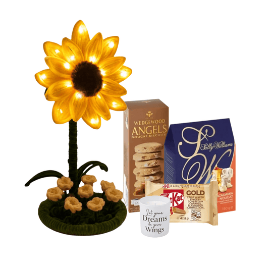 Styled golden hour gift set for women with sunflower night light, nougat and inspiration candle
