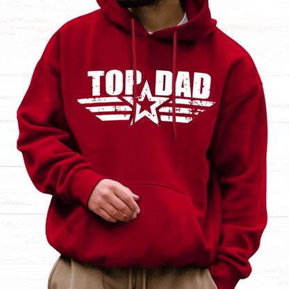Red hoodie with 'Top Dad' text and star design on a white background