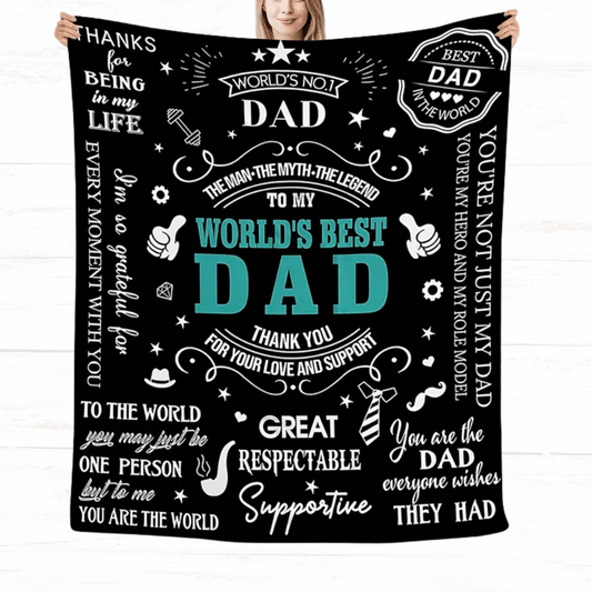 Soft flannel blanket with World’s Best Dad design
Meaningful blanket gift for dad or father figure
World’s Best Dad blanket for birthdays, Father’s Day and Christmas
Black and blue printed flannel blanket gift for Dad